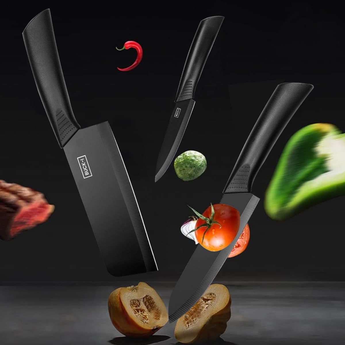 Supvox 3 Pieces Kitchen Knife Set with Sheaths, Professional Stainless Steel Chef Knife Set, Ultra Sharp Knives for Kitchen with Ergonomic Handle (Black)