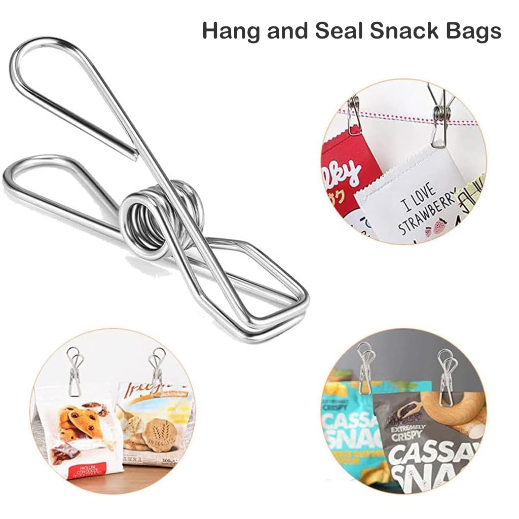 ZIBUYU 20Pcs Metal Clothes Clips Cloth Pins 2.1'' Clothes Drying Clips Clothes Line Stainless Steel Clips Clip Hangers for Clothes Multipurpose Home Office Metal Line Clips for Files, Snacks Bag Seal