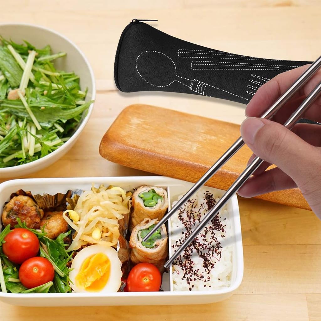 HASTHIP 3 Pcs Premium Gold Stainless Steel Fork Spoon Chopsticks, Portable Utensils with Box, Travel Camping Cutlery Set, Stainless Steel Flatware Set (Green)
