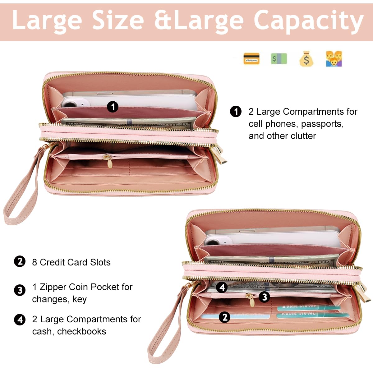 PALAY Hand Purse for Women PU Leather Wallet RFID Bag Clutch Bag Long Wallet for Women with Hand Strap Fashion Card Holder