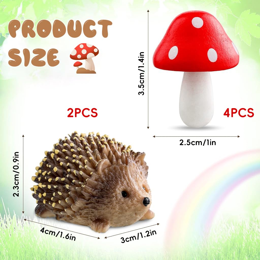 Supvox 6Pc Miniature Garden Decor - Resin Hedgehogs & Wood Mushroom - Fairy Garden Decor - Moss Landscape Miniature Decorations - Suitable for Moss Landscape, Garden Ornaments, Flower Pots, Dollhouse