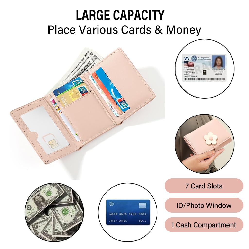 PALAY Girls Wallet Women Wallet PU Leather Card Holder Girls Wallet Cute Flower Snap Button Wallet with Lovely Heart Shaped Photo Window Gift Wallet for Girls Christmas Gift
