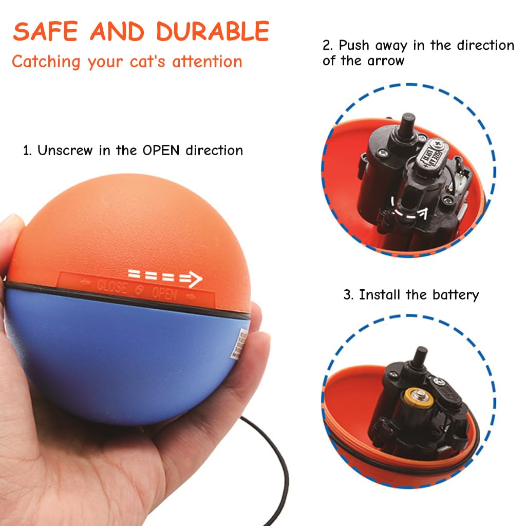 Qpets Cat Ball Toy, Cats Teasing Toy Ball Cat Chasing Chew Ball Toy with Feather Tail, Electric Random Turn Grinding Toy Indoor Self-Entertainment Cat Toy(Not Included Battery)
