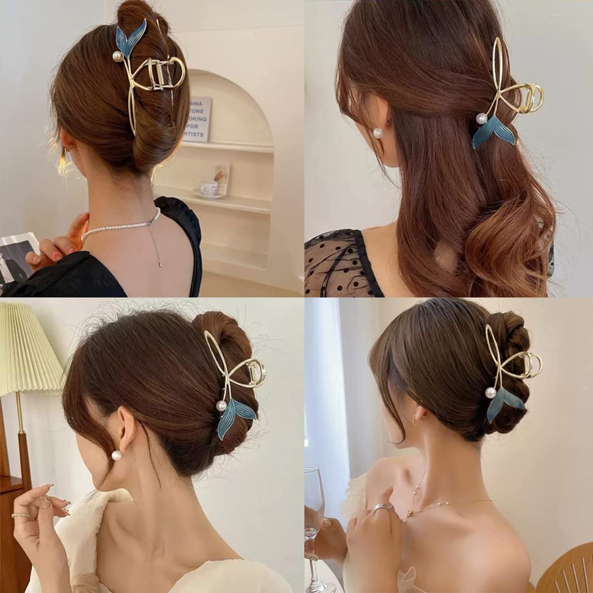 PALAY Hair Claw Clip for Women Large Stylish Mermaid Pearl Hair Clip Clutcher Ladies Non-Slip Metal Hair Jaw Clips, Strong Hold Elegant Bun Hair Styling Clamp Hair Accessories Gift