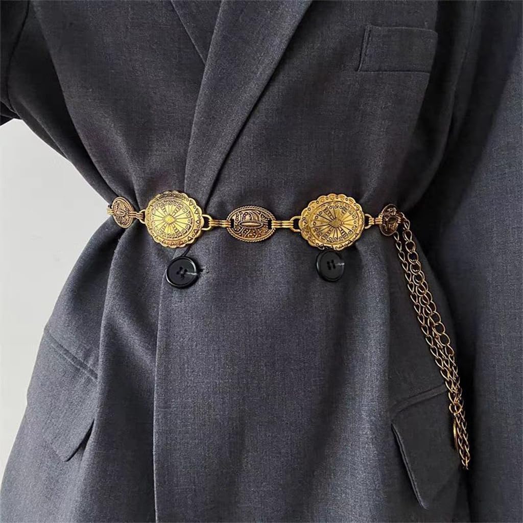 PALAY Waist Belt for Women Golden Metal Concho hip belt for women saree Waist Belt Adjustable boho Western Fashion saree Belt women Chain Belts for Dresses, Jeans, Skirts