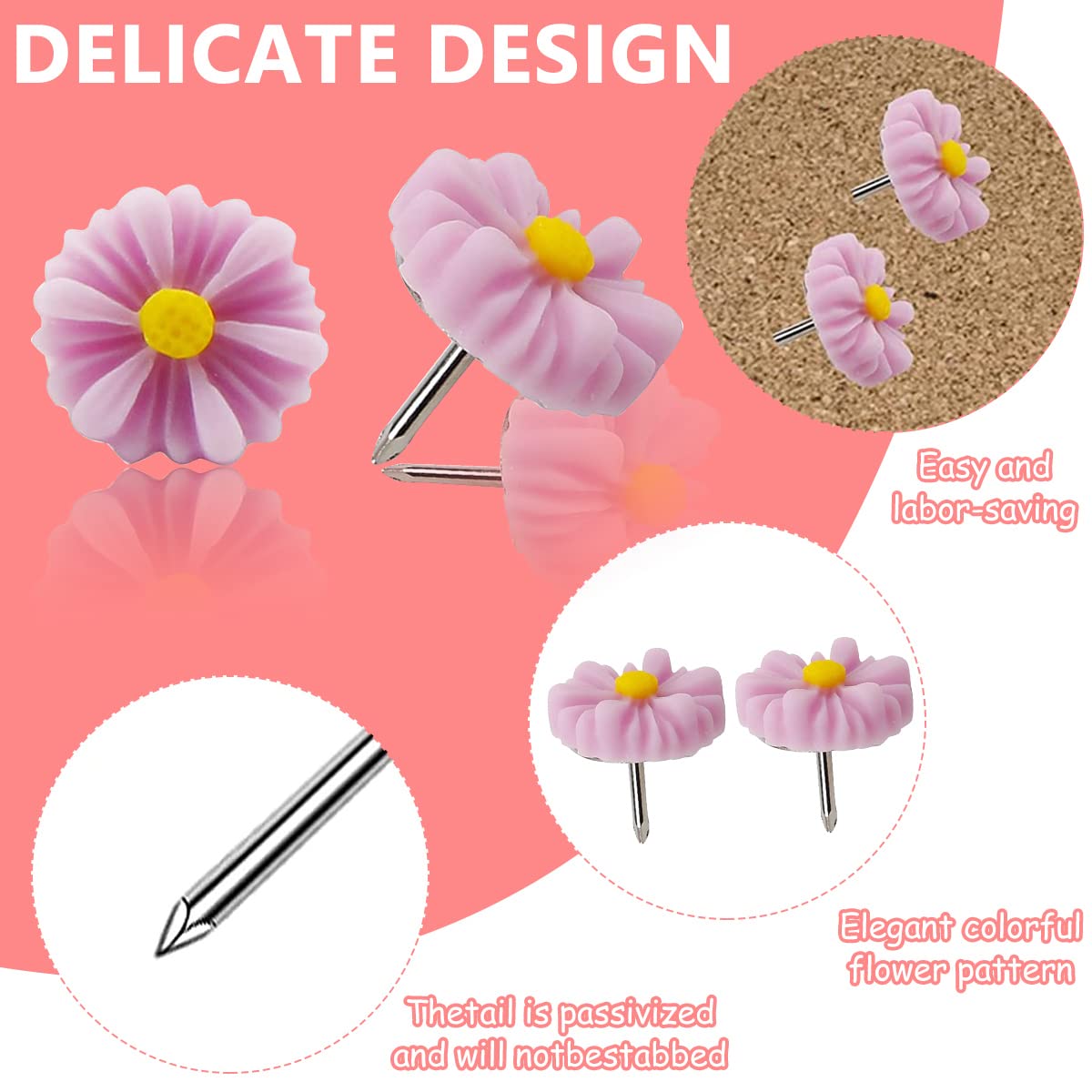 HASTHIP 30PCS Decorative Push pins, Rose Thumb Tacks Decorative Flower Cork Board Tacks for Feature Wall, Whiteboard, Photo Wall, Map, Bulletin Board