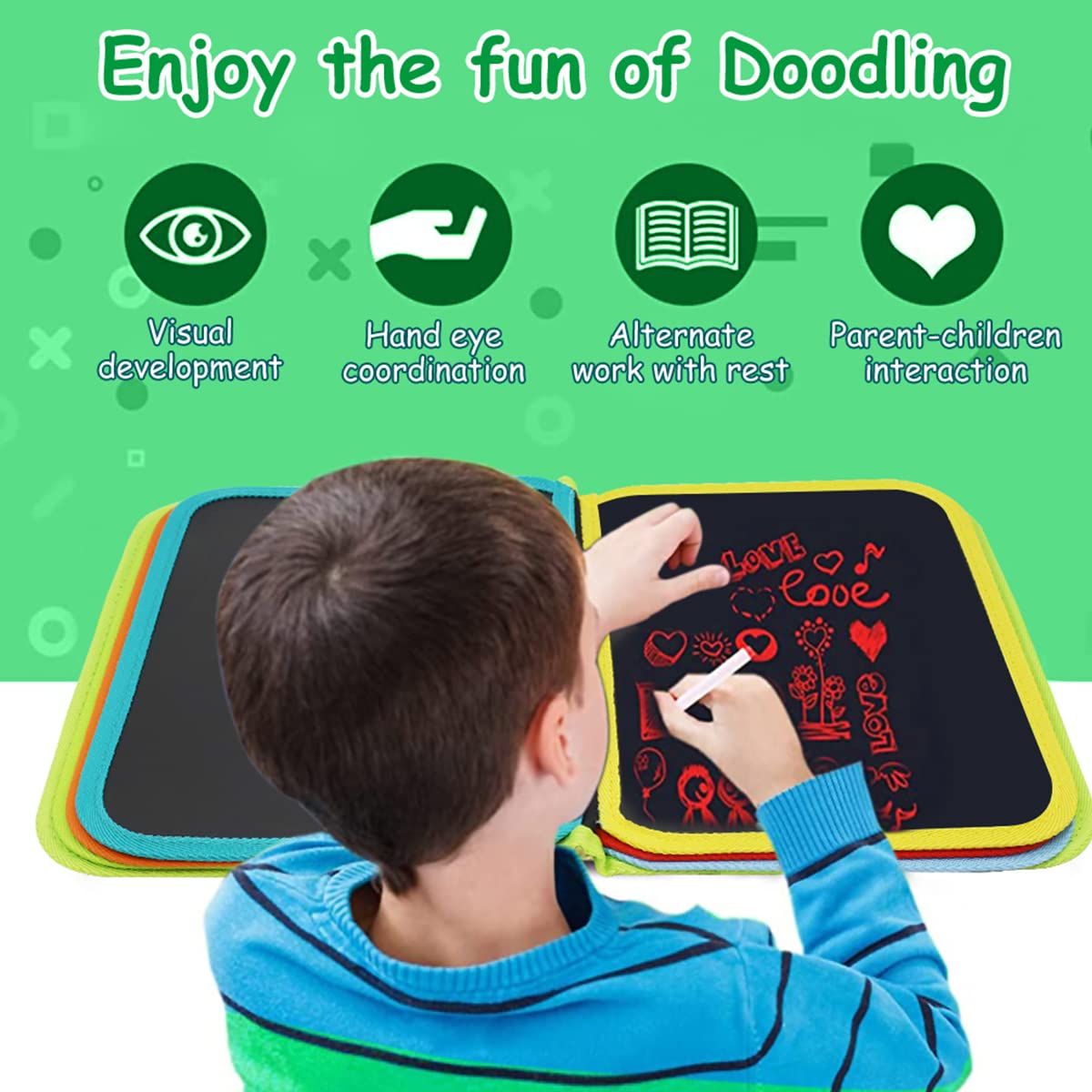PATPAT Erasable Doodle Book for Kids Big Size, Magical Drawing Book 14 Pages Reusable Drawing Pads with 12 Water-Soluble Chalk Markers, Portable Busy Board Drawing Board for Kids Boys Girls