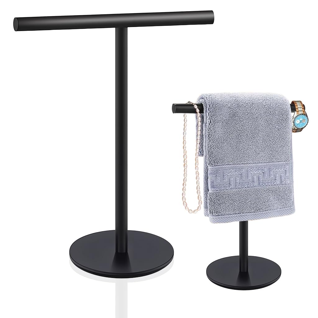 HASTHIP® Towel Rack for Countertop T-bar Towel Rack with Base11.8 inches High Stainless Steel Black Modern Minimalist Bathroom Face Towel Holding Rack Utility Storage Rack for Face Towel, Paper Rolls