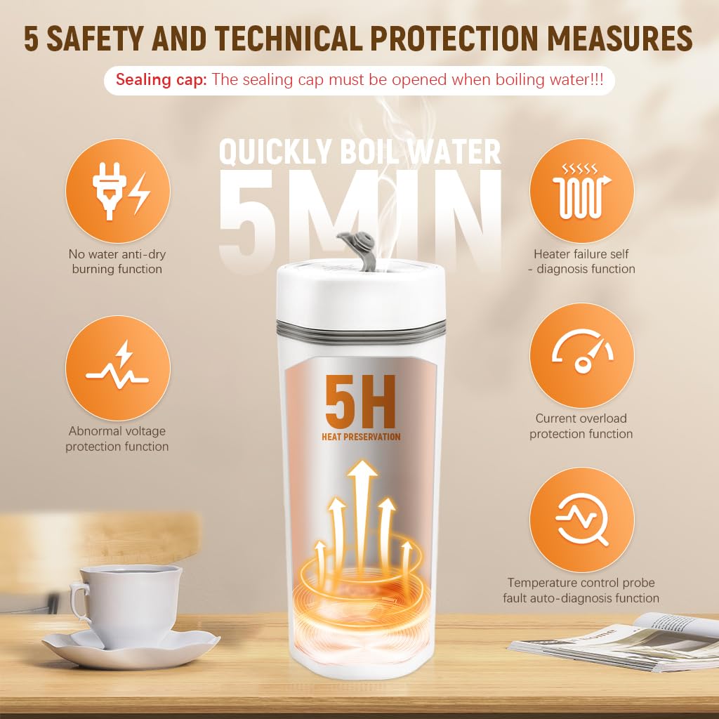 Supvox 12V Car Electric Water Kettle Fast Heating Electric Water Kettle 400ml Travel Electric Water Kettle with Hand Strap 304 Stainless Steel Thermal Electric Water Kettle