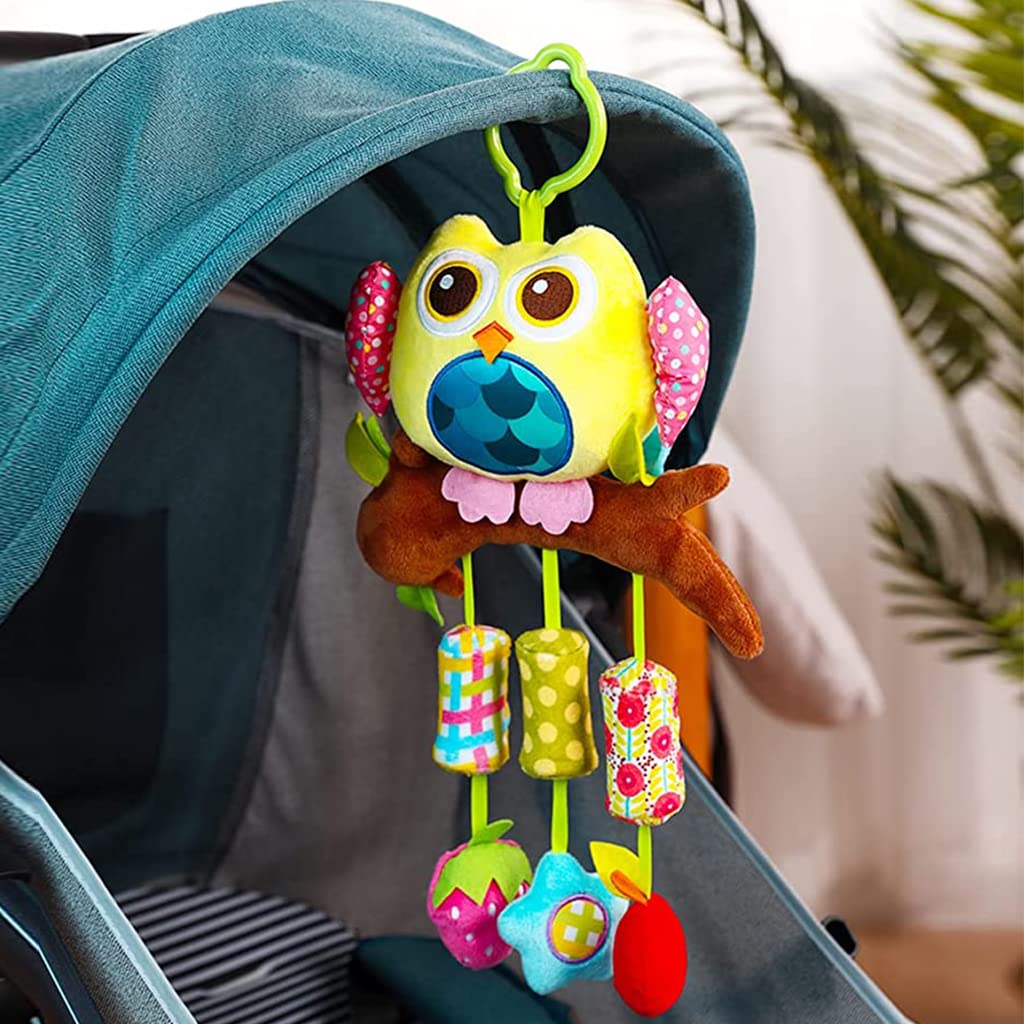 PATPAT Hanging Toys for Babies 0-6 Months, Rattle Crinkle Squeaky Toy Car Seat Plush Stroller Toy with Teethers Plush Animal C-Clip Ring for Infant Babies Boys and Girls 3 6 9 to 12 Months -Owl