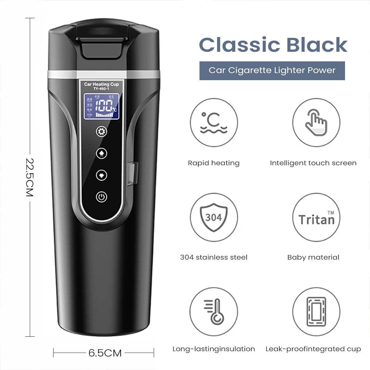 HASTHIP Car Electric Kettle 450ml Electric Heating Water Cup for 12/24V Vehicle LCD Digital Temperature Display Electric Water Kettle 304 Stainless Steel Liner Leak-proof Water Heaters