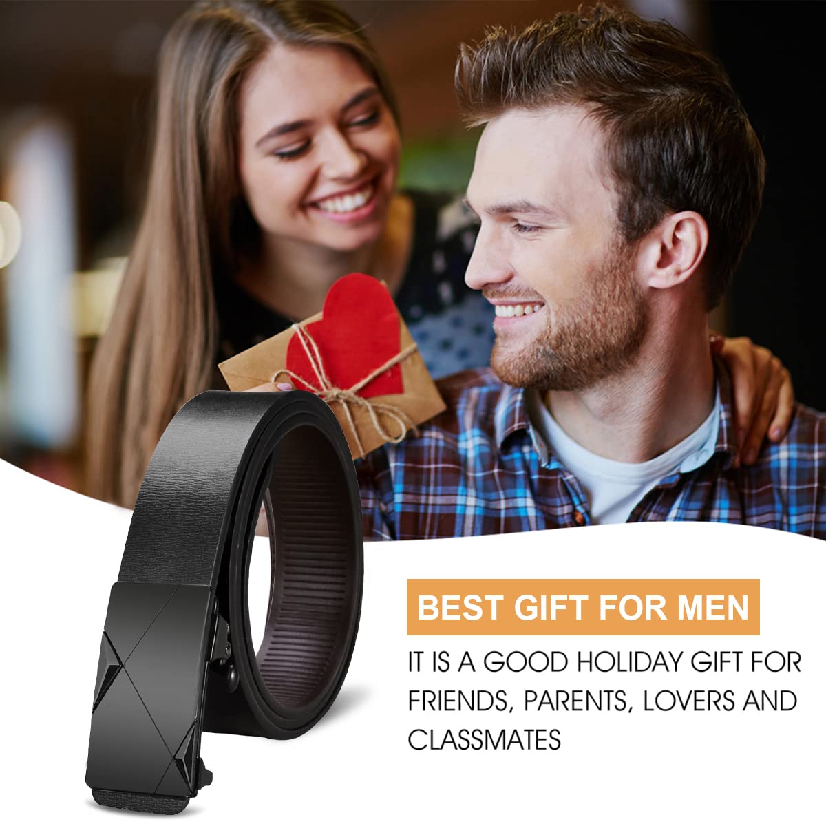 GUSTAVE Men's Leather Belt Adjustable Auto Lock Buckle Belt for Men (Black-I)