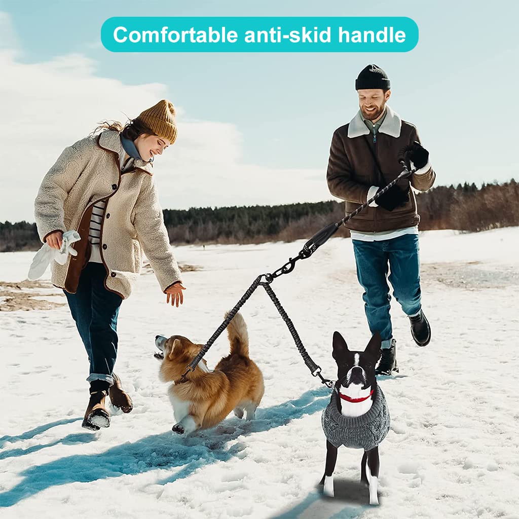 Qpets Double Dog Leash, Durable Reflective Dog Leash, Soft Paded Handle, Retractable Dogs Leash Anti-Strain Leash Braided Rope No Tangle Dog Leash for Small Medium Large Dogs(Black)