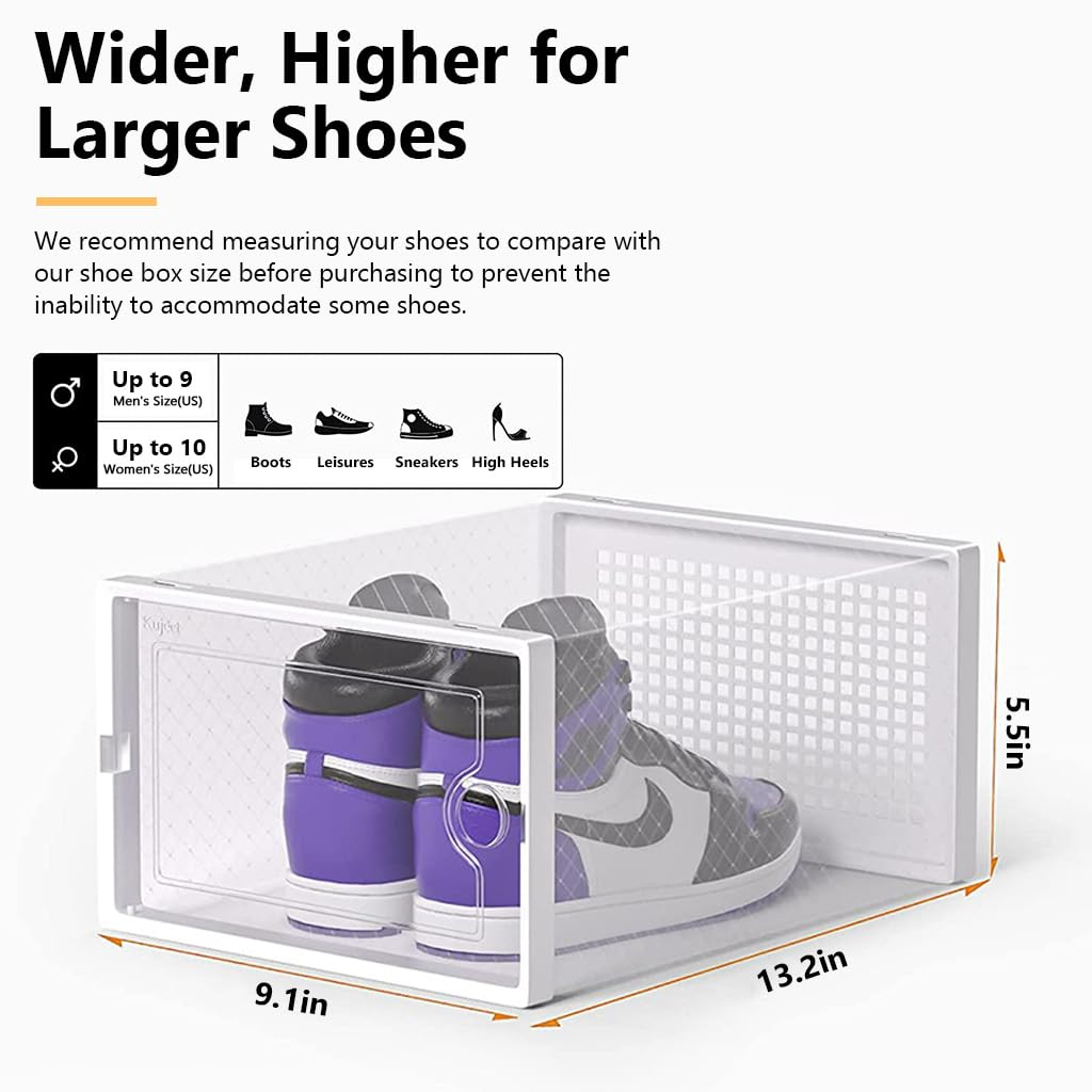 HASTHIP 12 Pack Shoe Box, Large Plastic Shoe Boxes Storage, Fit Size Men's 11, Clear Plastic Stackable Sneaker Containers Bins with Lids, Great Substitute for Shoe Rack, Space Saving (White)