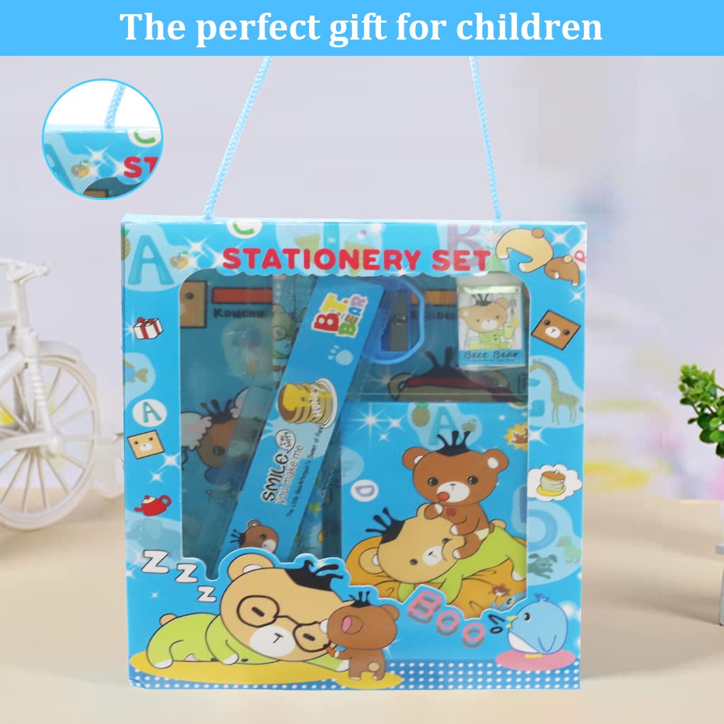 HASTHIP 6PCS Pencil Set for Girls, Pencil for Kids Girls, Stationary Set for Girls, Include 2 Pencils, 1 Pencil Sharpener, 1 Notebook, 1 Cartoon Ruler, 1 Eraser (Blue)