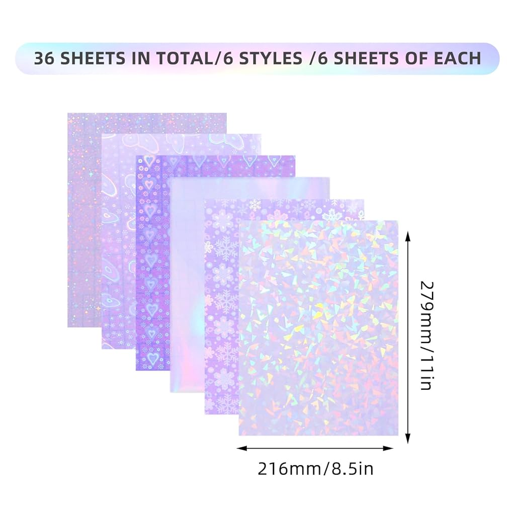 OFIFO® Holographic Sticker Paper - 36 Waterproof Vinyl Sheets with 6 Rainbow Patterns, DIY Craft & Festival Project Essential, 8.5x11 Inch Multicolor