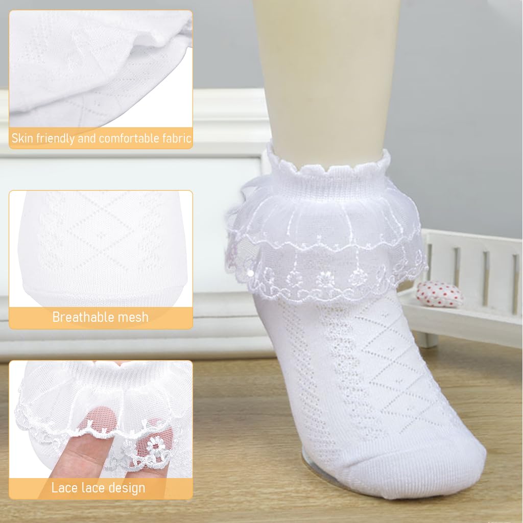 SNOWIE SOFT 6 Pairs Lace White Socks for Kids Baby Girls, Cotton Ruffled Trim Socks for Girls, Children Ankle School Socks, Cute Fancy Princess Socks, Suit for 4-6 Years Old
