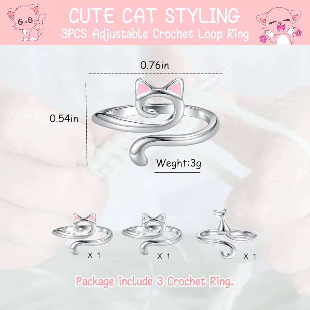 HASTHIP 3Pcs Crochet Rings for Crocheting, Adjustable Crochet Tension Ring for Finger Cat Crochet Finger Guard Ring Knitting Yarn Tension Ring for Women DIY Knitting & Crocheting