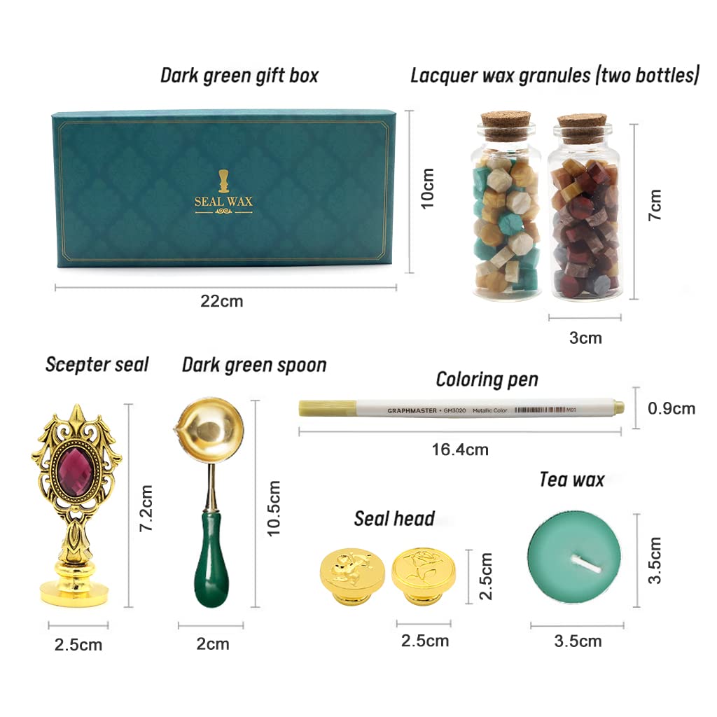 HASTHIP Wax Seal Stamp Kit with Three Art Stamp, Sealing Wax Beads,Candles,Wax Melting Spoon, Fine Gift Packing