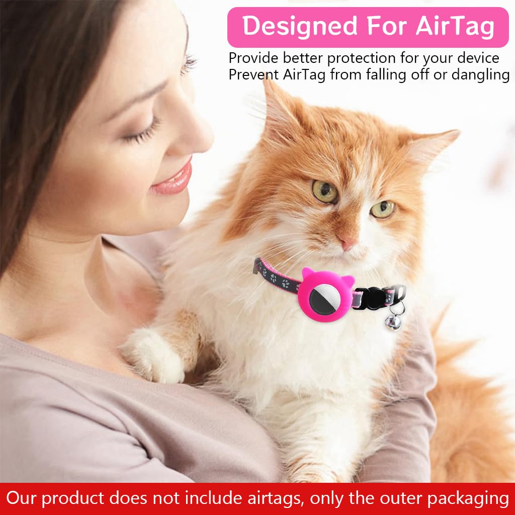 Qpets Pink Cat Collar with Silicone Airtag Holder, Reflective Airtag Case Cat Collar with Bell Quick Release Adjustable Cat Collar for Small Cat Kitten (8.6-10.8