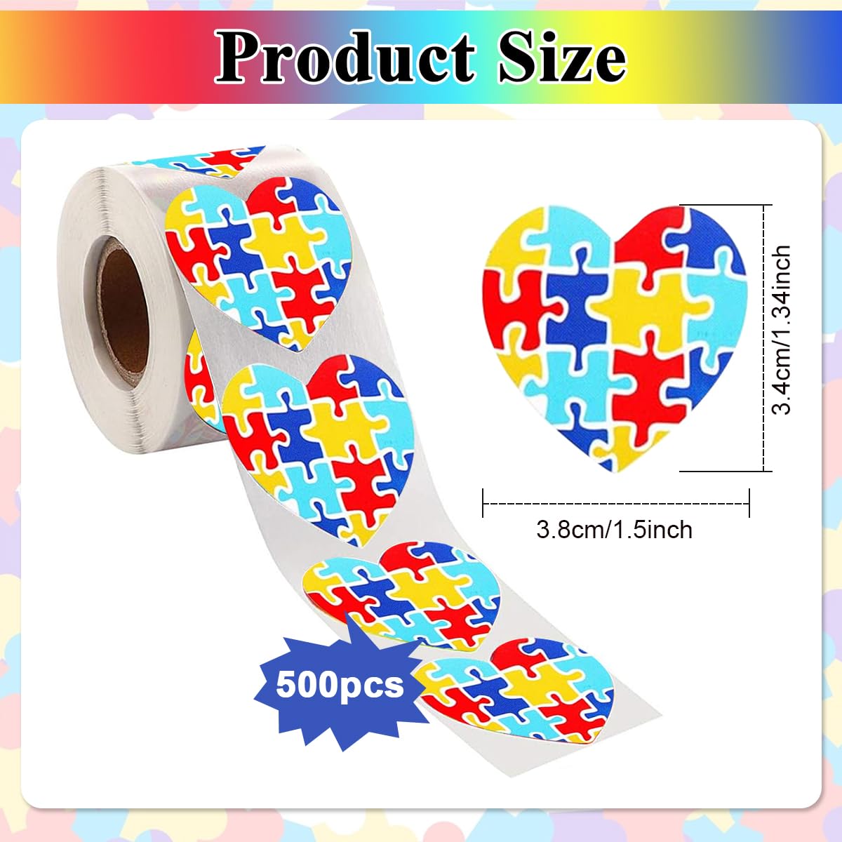 HASTHIP 500Pcs Heart-Shaped Autism Stickers - Colorful Puzzle Self-Adhesive Labels for Events, Gifts & Packaging, Envelope Tab Sealer Autism Awareness Gifts for Women Men Kids Teen