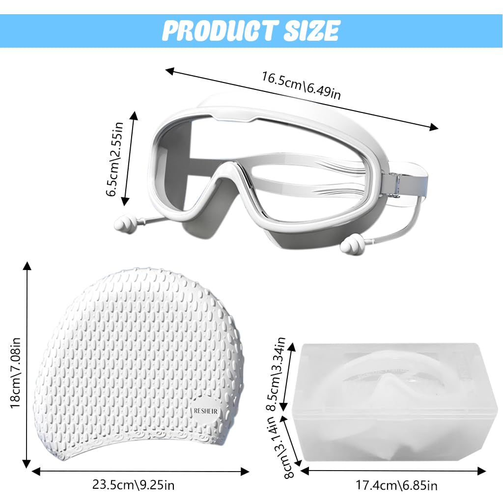 Proberos Swimming Set with UV and Anti Fog Protection Goggles, Swim Cap, Earplug and Nose Plug Set, Anti-fog Diving Goggles Swimming Goggles for Surfing, Kayaking, White
