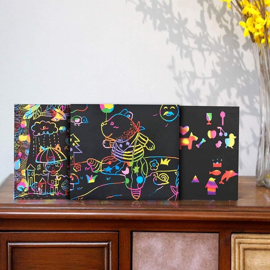 PATPAT DIY Art Paint Scratch-off Rainbow Art Paper Painting Kit Kids DIY Art Painting Kit No Paints Art Scratching Magic Paper DIY Rainbow Scratching Paper with Templates & Scratching Wood Stick