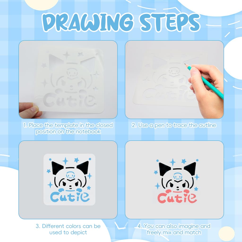 HASTHIP 16Pcs Cartoon Painting Stencils Sanrio Character Cut-Out Painting Stencils 5x5 Inches Reusable PET Painting Stencils for Wooden Crafts Spray Painting Stencils Assorted Decorative Templets