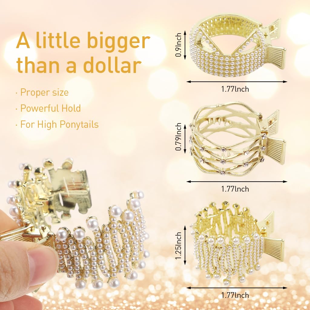 PALAY 3pcs Ponytail Holder Hair Claw Clips for Women, Metal Ponytail Hair Clip, Rhinestone Claw Clips Aesthetic 1.77Inch Small Hair Clips for High Ponytail Thick Long Hair (Gold)