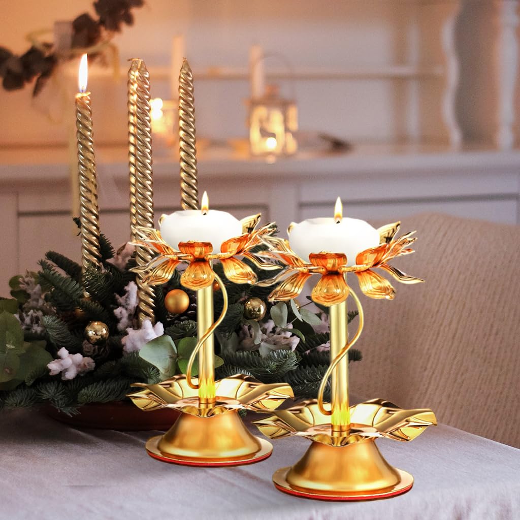 HASTHIP Golden Lotus Candle Holder Tealight Candle Holder 4.3 inches Height Metal Lotus Candle Holder Buddhism Lotus Tealight Candle Holder Ritual Use Altar Decorative Lotus Tealight Candle Holder
