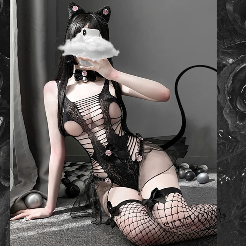 ZIBUYU Sexy Lingerie Set for Women Cosplay Party with Hairband, Bell Bow Choker, Net Socks, Devil Tail, Lingerie Set for Women for Sexy Hot for Cosplay