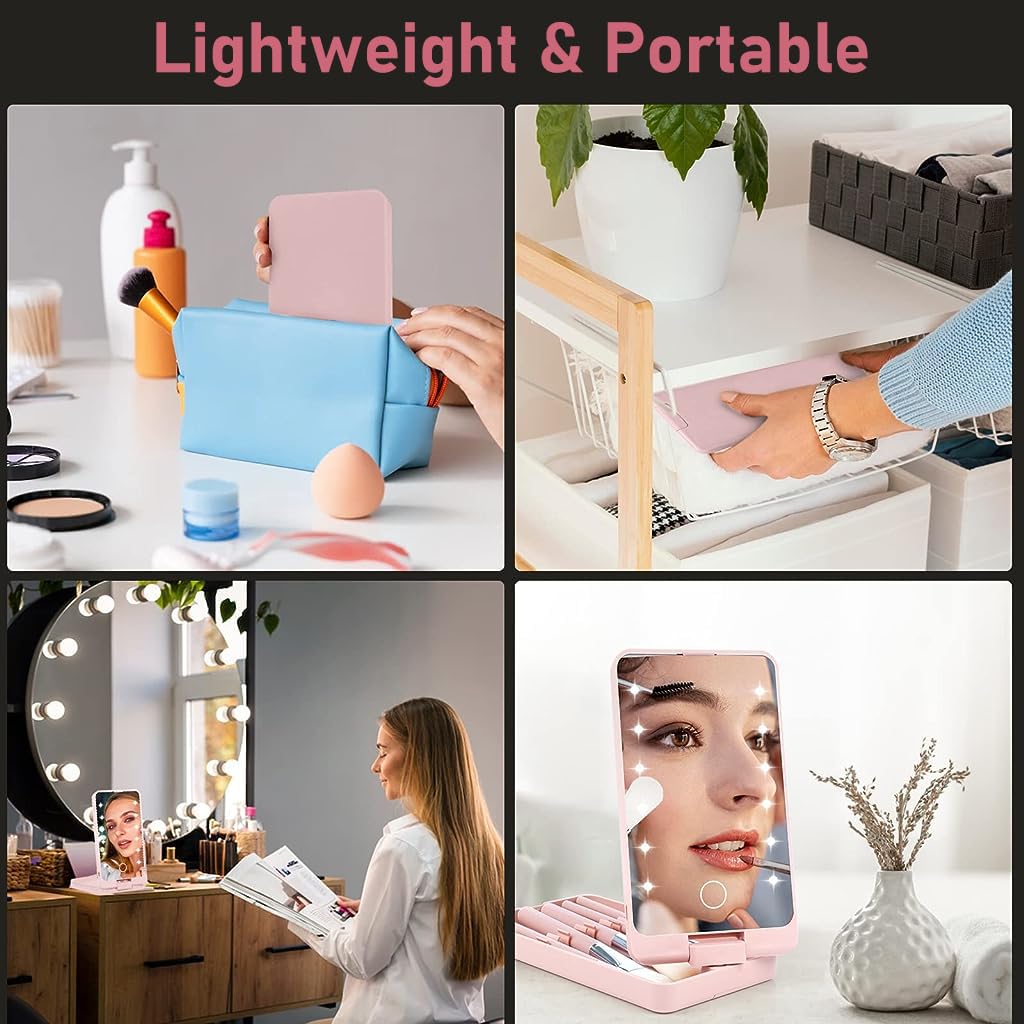 MAYCREATE Vanity Mirror with Light, 2 in 1 Rotatable Personal Beauty Mirror with 5 Makeup Brushes, LED Lights Dimmable Touch Screen Travel Lighted Mirror for Women and Girls