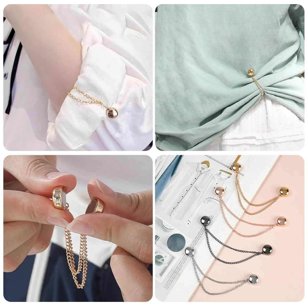 HASTHIP 4Pcs Magnetic Clothing Clip, Metal Pinless Brooch Clothes Hijab Magnets Chain, Magnetic Cuff Holder, Multi-Purpose Pant Buttons Clips for Shirts, Blazer, Trousers (4 Colors)