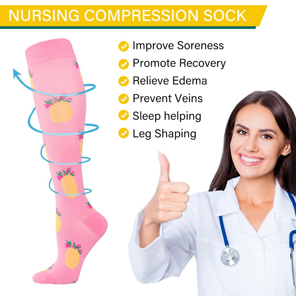 Proberos Women Knee-high Socks Calf Compression Socks Fashion Print Polyester Cotton Breathable Sport Compression Socks Anti-slip Leg Compression Socks for Running, Workout, Training