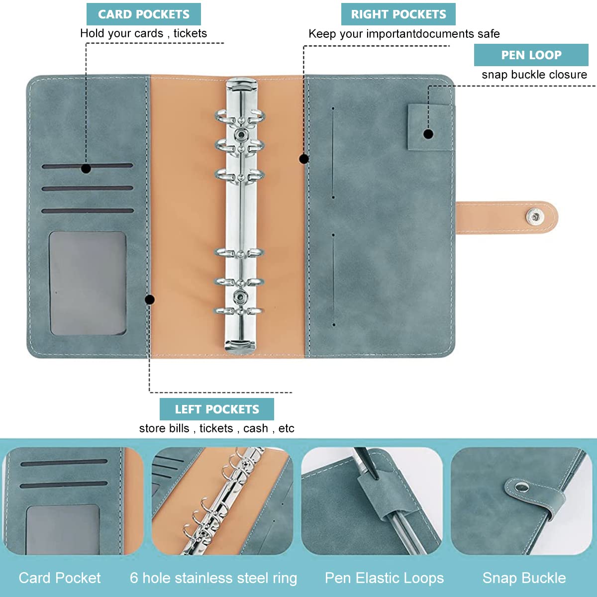 HASTHIP File Folder Ring Binder Notebook Set, A6 PU Leather Binder Clip with 12 Envelopes, 12 Budget Sheets, 2 Label Stickers, 1 Ruler, Ring Binder Clip Stationery Supplies (Blue)