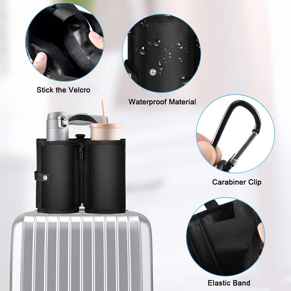 HASTHIP Travel Cup Holder for Luggage Dual Cup Oxford Cloth Coffee Cup Holder with Handle & Carabiner 2 in 1 Travel Cup Carrier Accessories Organizer Pouch for Coffee Cup, Water Bottle, Powerbank