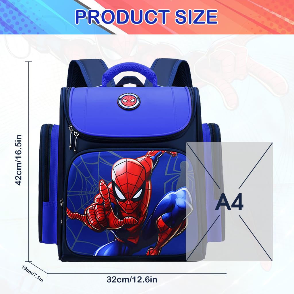 FANCYKU School Bags for Boys Spider Man Bag School Backpack Large Capacity Travel Bag For Camping, Burden-relief School Bag for Kids Boy 6-12 Years Old, Blue