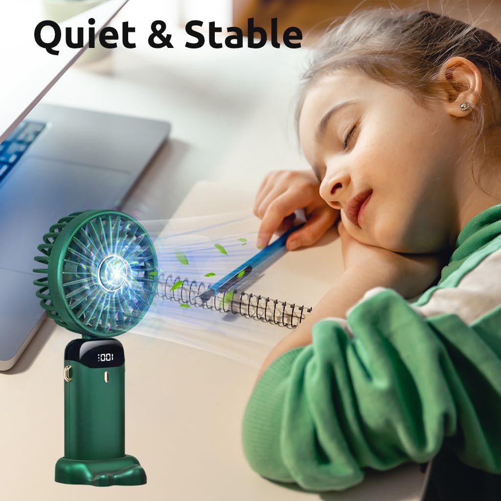 HASTHIP Hand Fan Mini Handheld Fan 3000mAh Rechargeable with 5 Speeds, Battery Operated Mini Fan Foldable Desk Desktop Fans with LED Display for Home Office Bedroom Outdoor Travel (Green)
