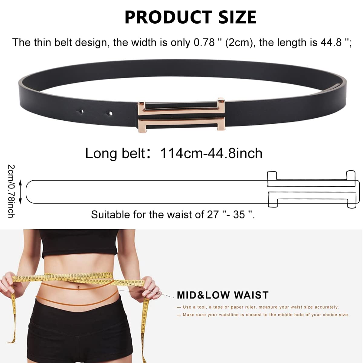 GUSTAVE Black Fashion Leather Simple Slim Belt Buckle Waist Belt for Women for Dresses,Pants,Jeans