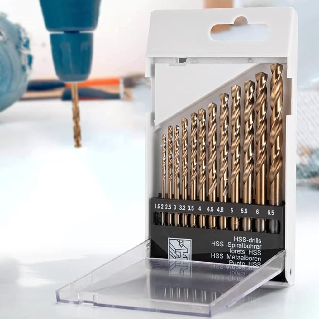 Serplex 13Pcs HSS Twist Drill Bit Set Twist Drill Milling Bits 1.5-6.5mm M35 High Speed Steel Twist Drill Bits 135 Degree Split Point for Stainless Steel, Cast Iron, Hard Metal, Plastic and Wood