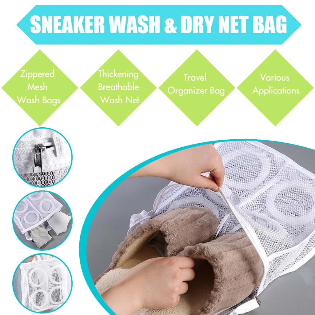 HASTHIP Shoes Wash Bags, Sneaker Wash & Dry Net Bag for Dryer, 11.8''x14.1''x4.7'' HoneyComber Mesh Bags with Zipper and Strap for Shoes, Clothing, Laundry Reused Bag Tool