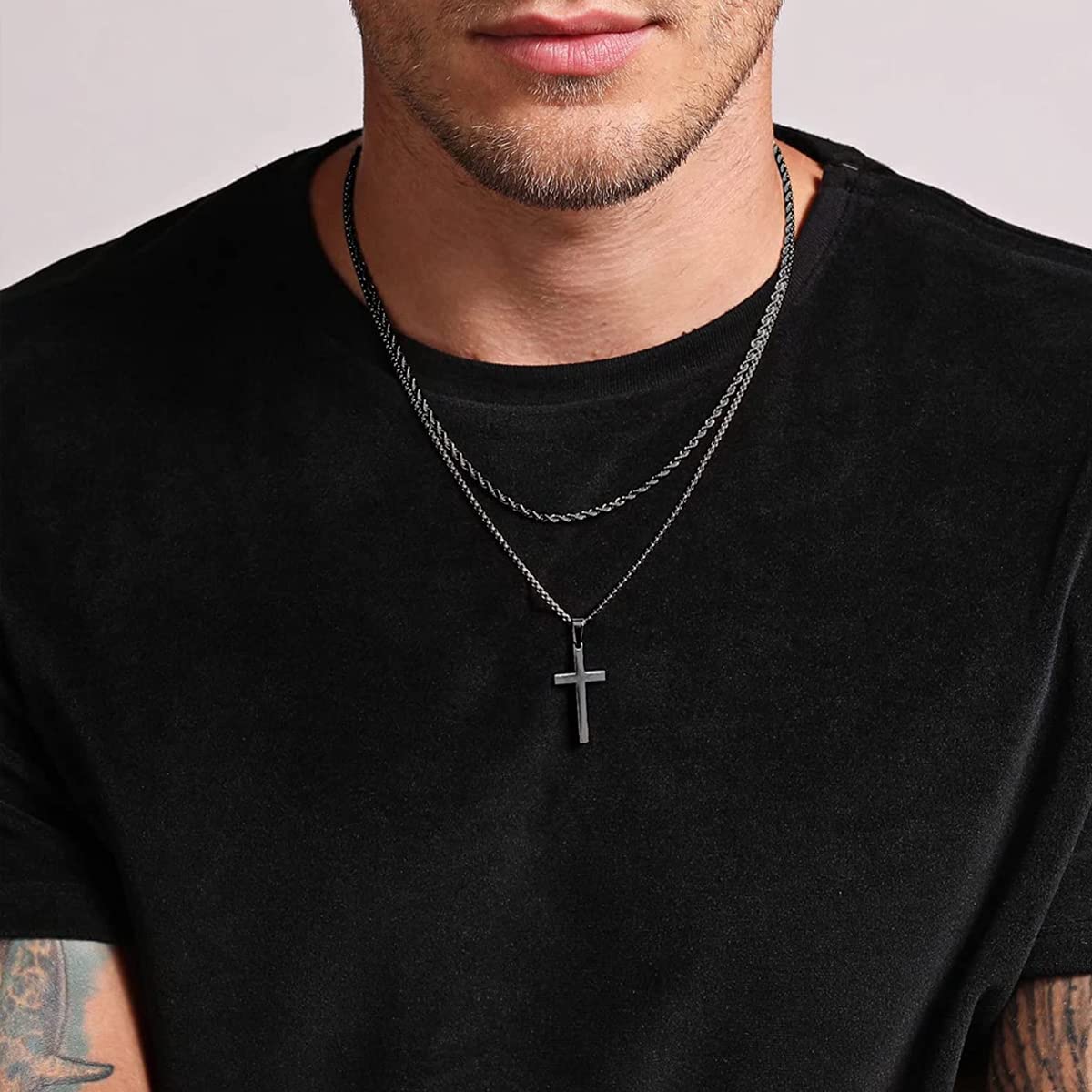 MAYCREATE Black 2 Pcs Double Layered Electroplated Titanium Classic Cross Pendant Steel Chain Necklace Set with Flannel Bag for Men & Women