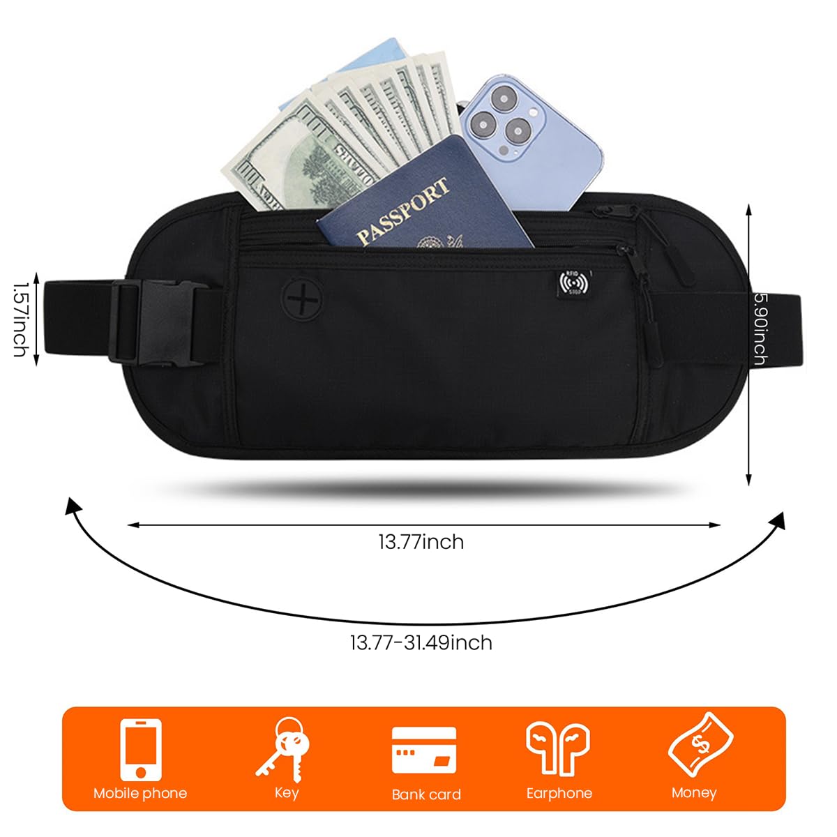 GUSTAVE Waist Bag for Men Women, Waterproof Stylish Waist Pouch, Small Fanny Bag, Nylon mobile bag with Adjustable Belt for Outdoor Hiking, Running, Black