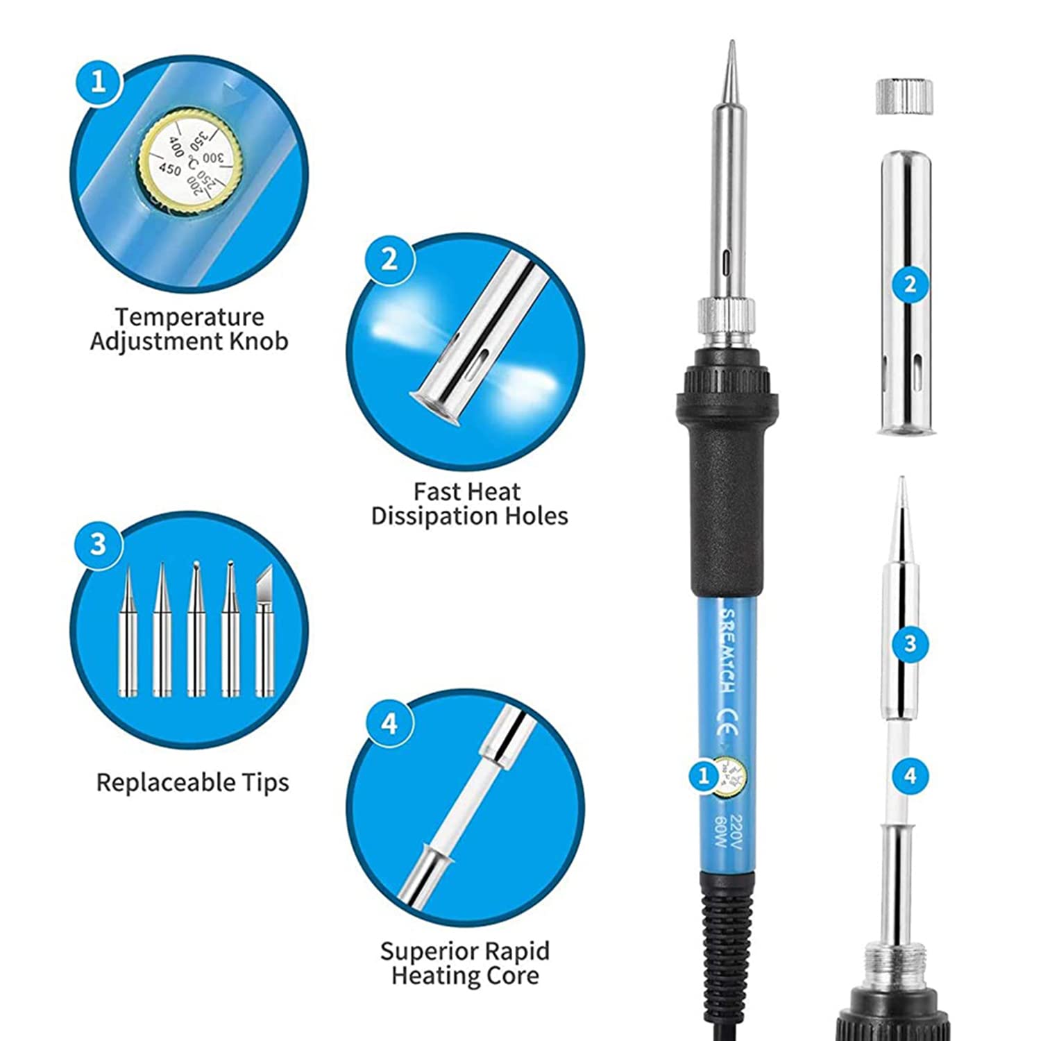Serplex Corslet Soldering Tool Kit with Adjustable Temperature Welding Iron, 5 Tips, Desoldering Pump, 2 Tweezers, Tin Wire Tube, Stand and 6 Aid Tools (SOLDERING IRON KIT), Multicolour, Plastic, Steel