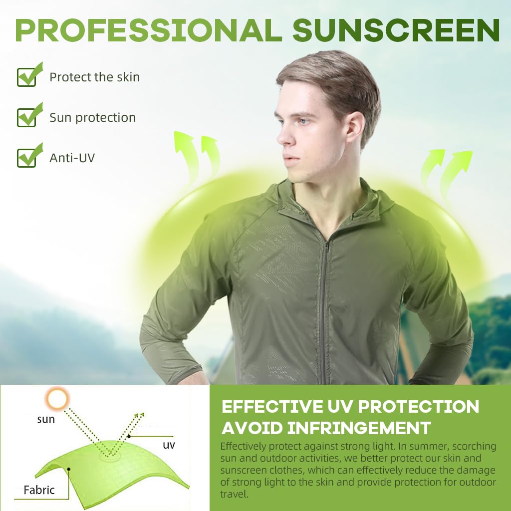 GUSTAVE Men Waterproof Jacket Summer UV Protection Jacket Ultra Light Outdoor Hoodie Jacket Camping Rainproof Sun UV Protection Jacket Quick Dry Long Sleeve Jacket for Camping, Hiking, 3XL