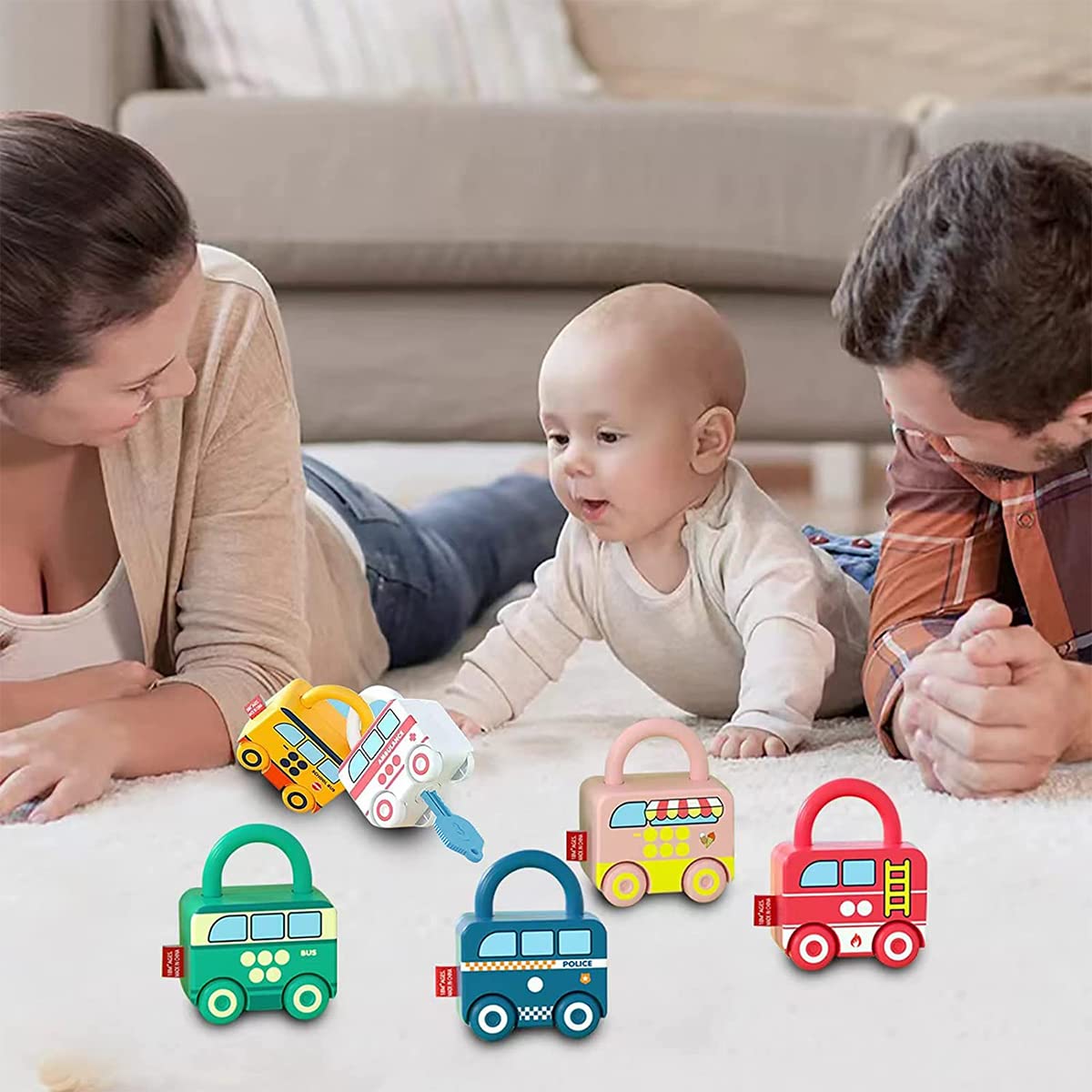 PATPAT 6 Pcs Lock and Key Car Toys, Creative Matching & Sorting Toys with Numbers and Vehicle Names, Early Learning Toy for Toddlers and Preschool Children, Christmas Gift with Gift Box