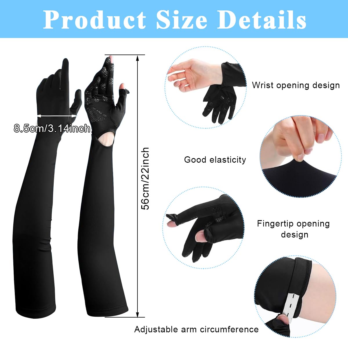 PALAY UV Protection Arm Sleeves Nylon Ice Silk Arm Sleeves with One Piece Gloves, Open Finger Tip & Anti-slip Palm Design Outdoor Cool Arm Sleeve for Driving, Cycling, Gardening - Black