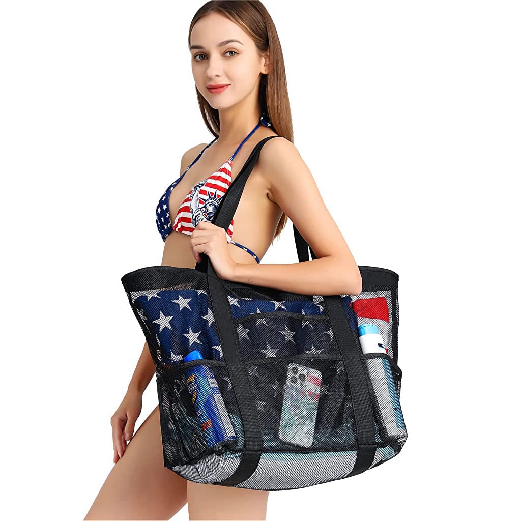PALAY Large Capacity Beach Bag Multi Pocket Polyester Mesh Bag Tote for Travel, Fitness Bag, Swimming Storage Bag for Clothes Fashion Transparent Mesh Bag for Women, Black