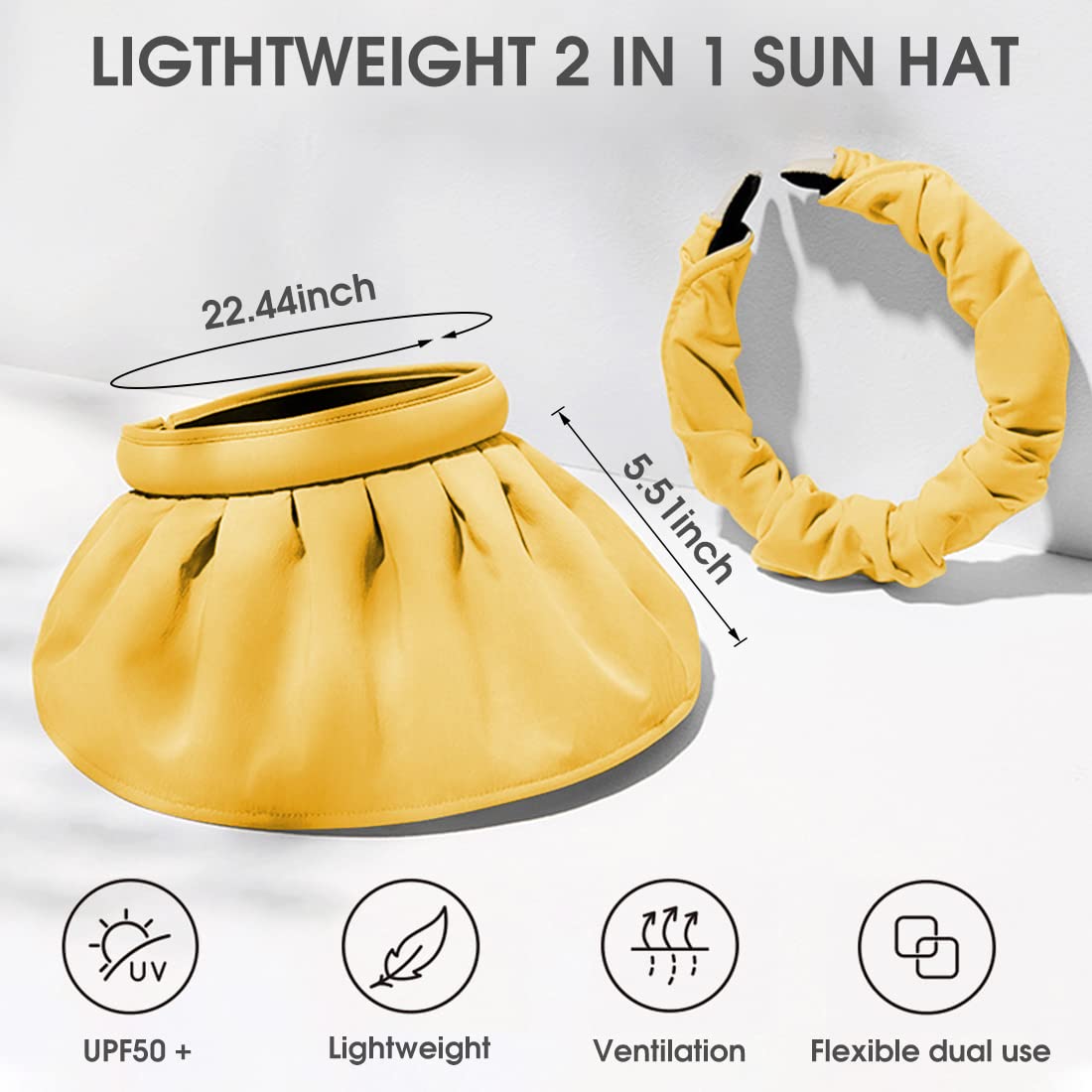 PALAY 2 in 1 Wide Anti-UV Brim Hat for Women Girls, Breathable Wide Brim Hat,Clip On Sun Visors Wide Brim Hat, Roll Up Hat (Yellow)