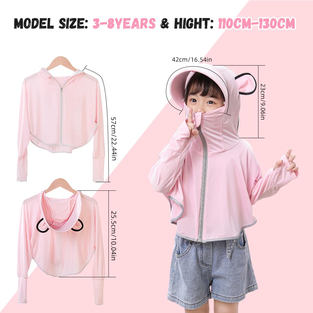 PALAY Sunscreen Jacket for Girls, UPF 50+ Sun Protection Hoodie Jacket for Girl Kid Long Sleeve Wide Brim Hat Summer Coat with Face Mask for Hiking Outdoor 110-130cm Girl